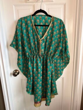 Green Floral Printed Caftan with Gold Trim